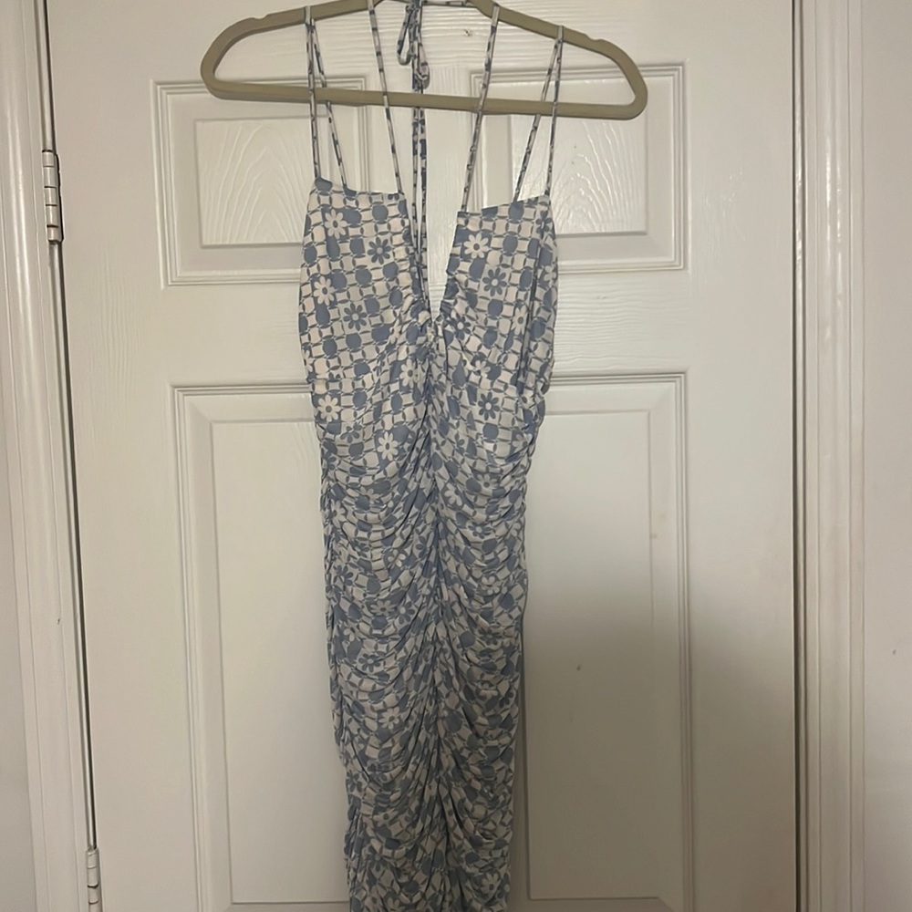 Patterned blue and white halter dress with straps